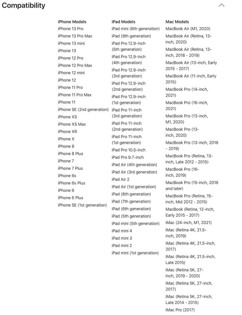 apple's compatibility list