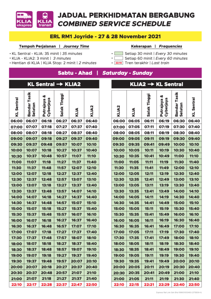 ERL RM1 Joyride Weekend schedule