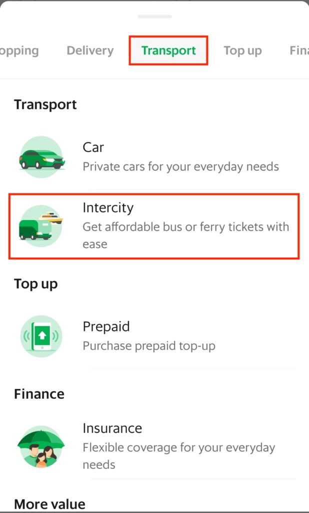 intercity bus and ferry booking on grab app