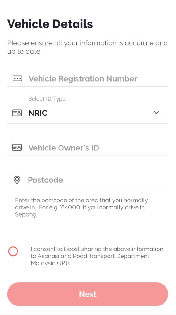 boost car protect vehicle details form