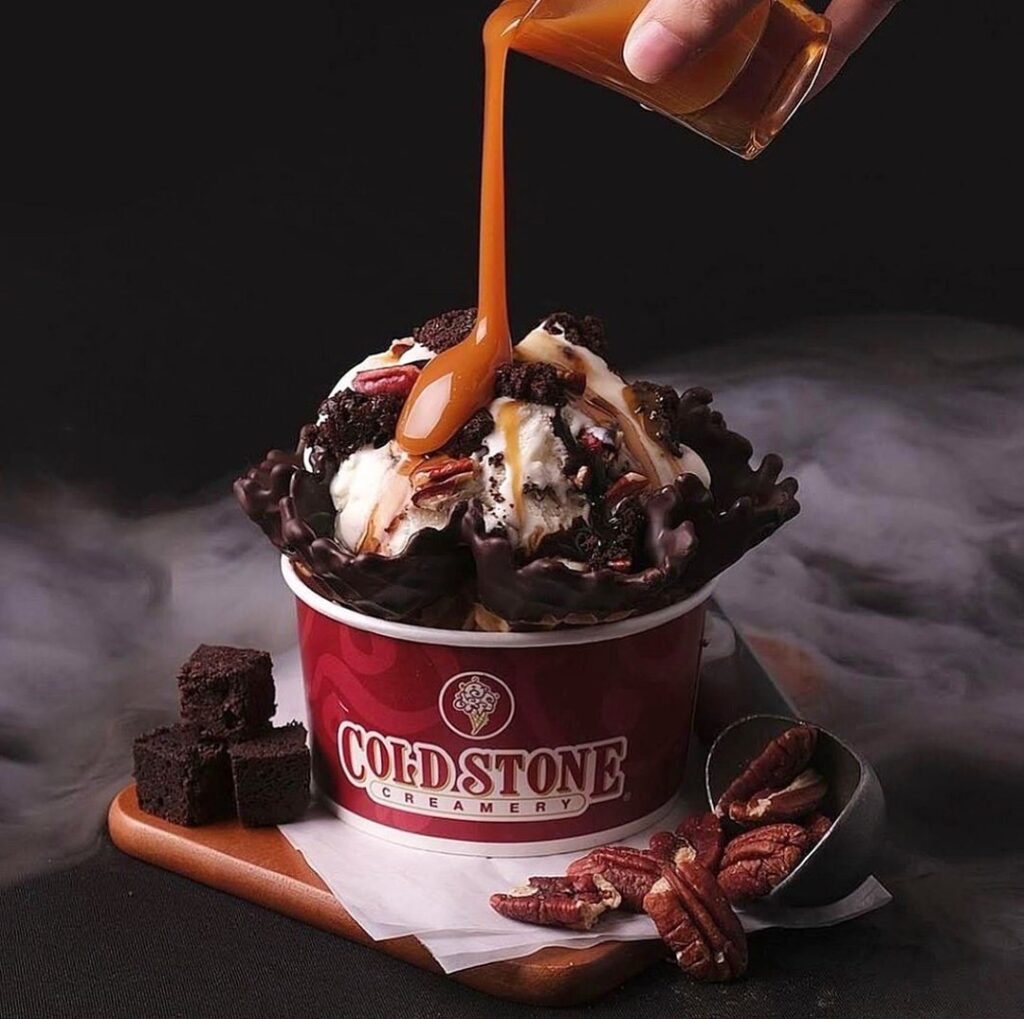 Cold Stone Creamery’s Founder’s Favorite - sweet cream ice cream, pecans, brownies, fudge and caramel