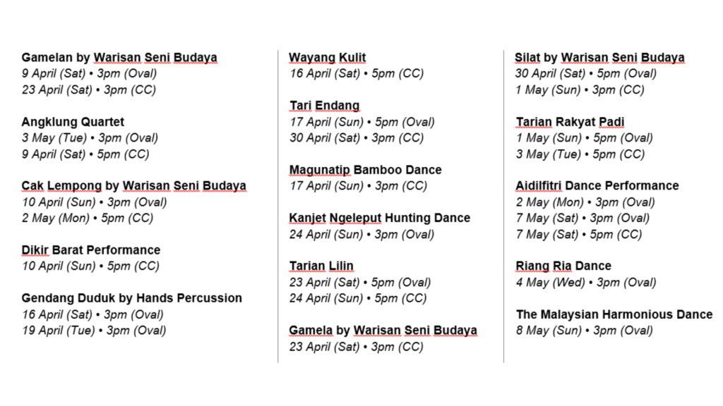 Schedule of performances at 1 Utama