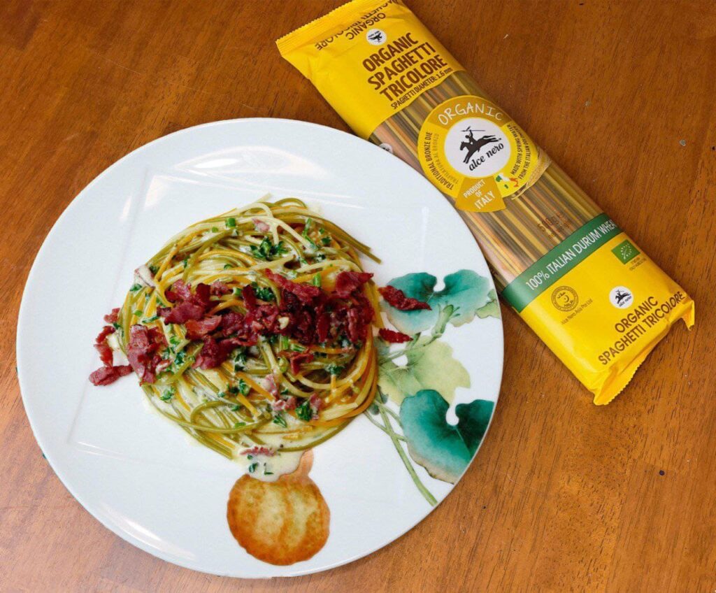 Creamy Beef Spaghetti Carbonara with Alce Nero Organic Spaghetti Tricolore