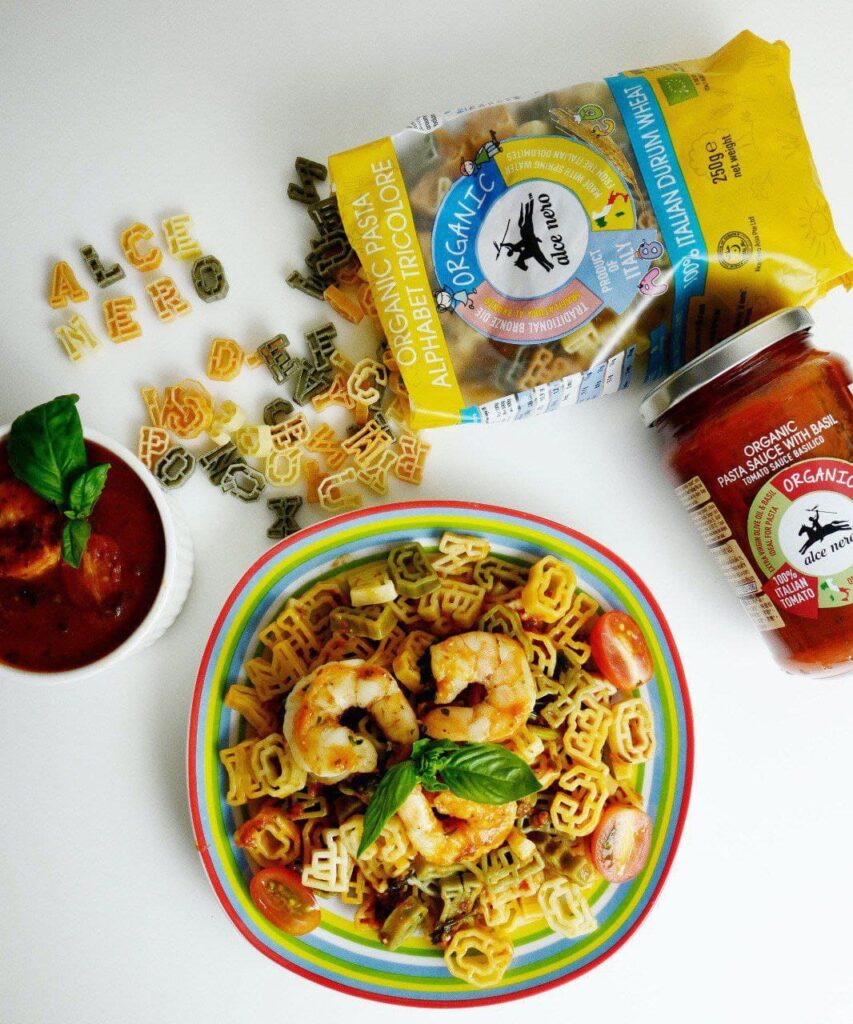 Kids' favourite Shrimp in Basil Tomato Sauce Alphabet Pasta with Alce Nero Organic Pasta Alphabet Tricolore and Organic Pasta Sauce with Basil