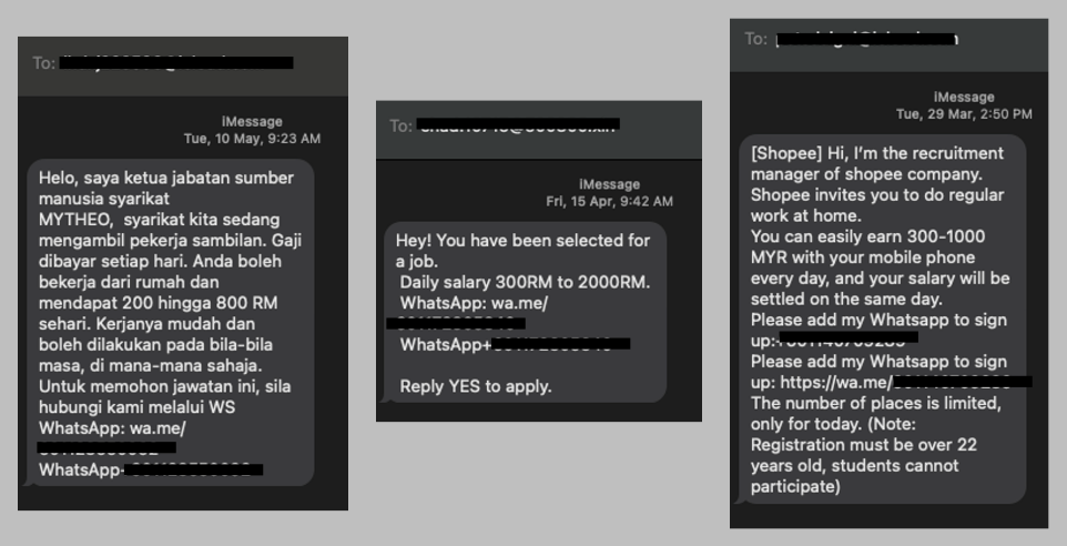 Example of Malaysia's job scam messages