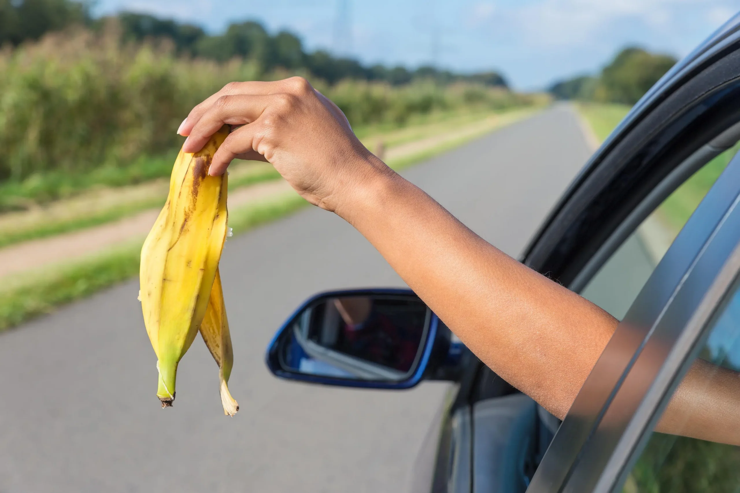 A person in a car throwing a banana on the road
