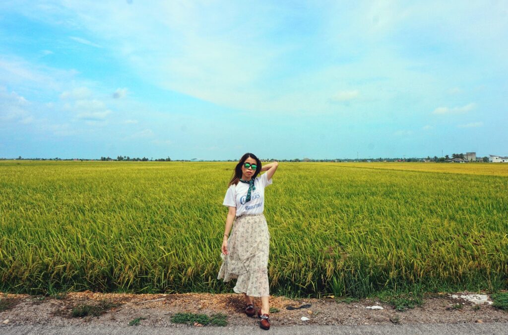shoot an ootd with the background of paddy field in sekinchan