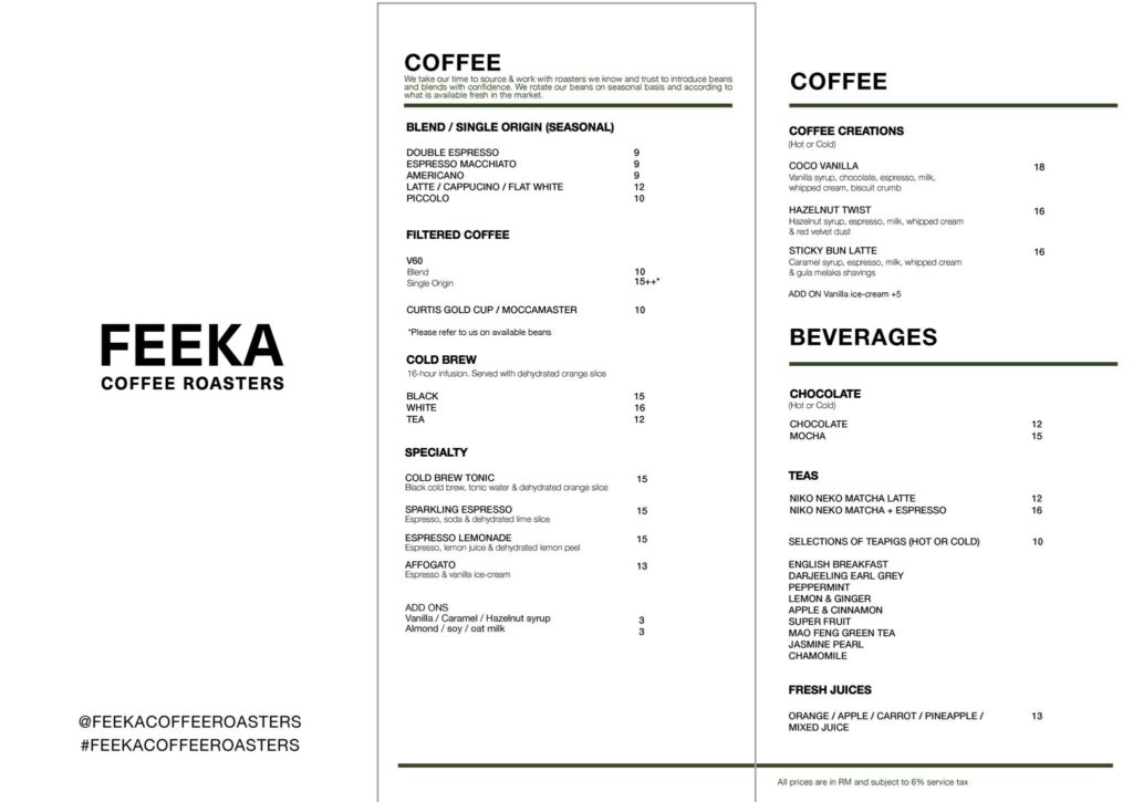 Feeka coffee roasters' drinks menu