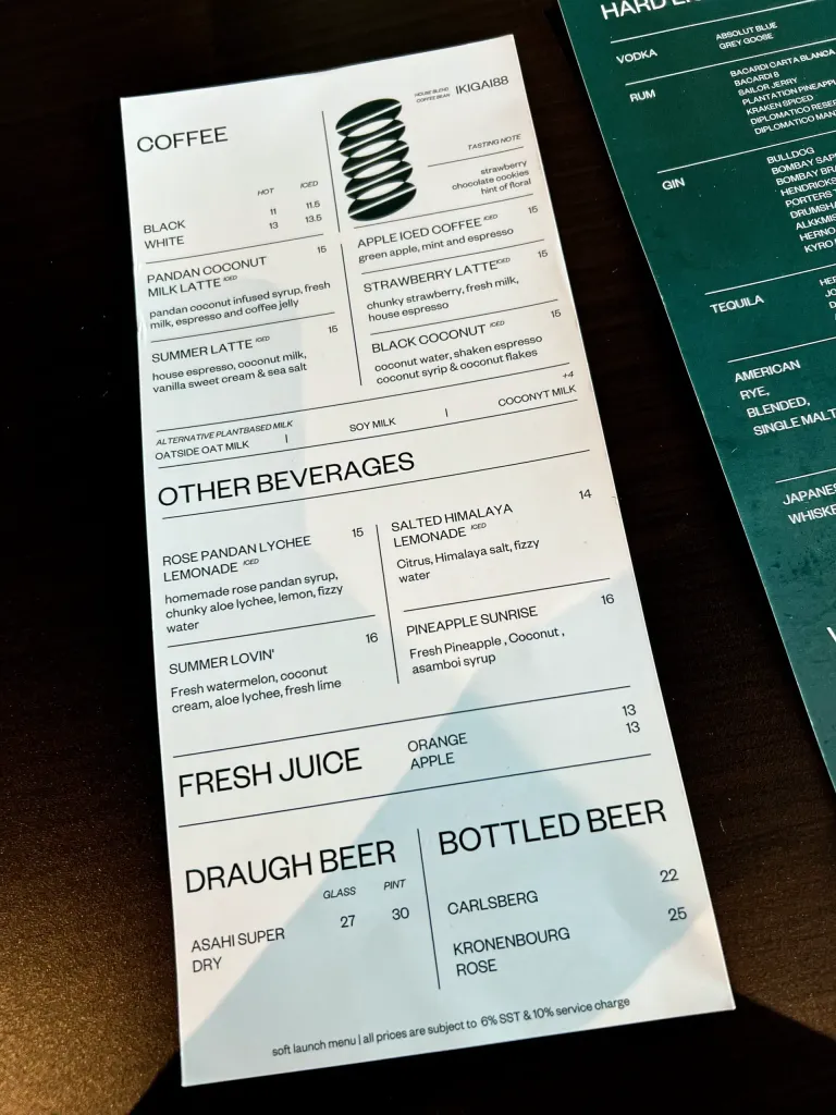 drinks menu at v88 cafe