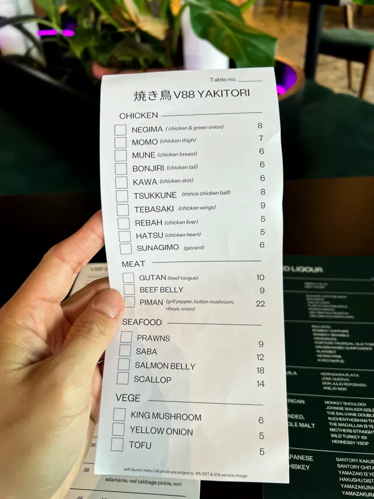 V88 yakitori menu