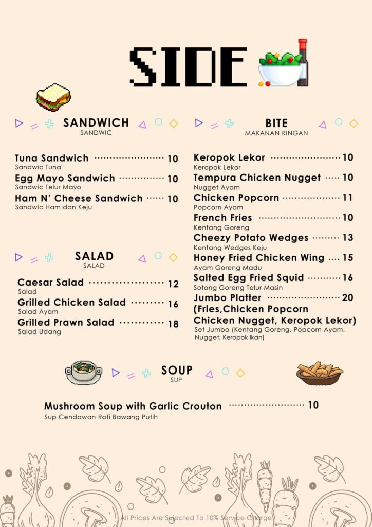 The menu available @ ATO Gaming Cafe