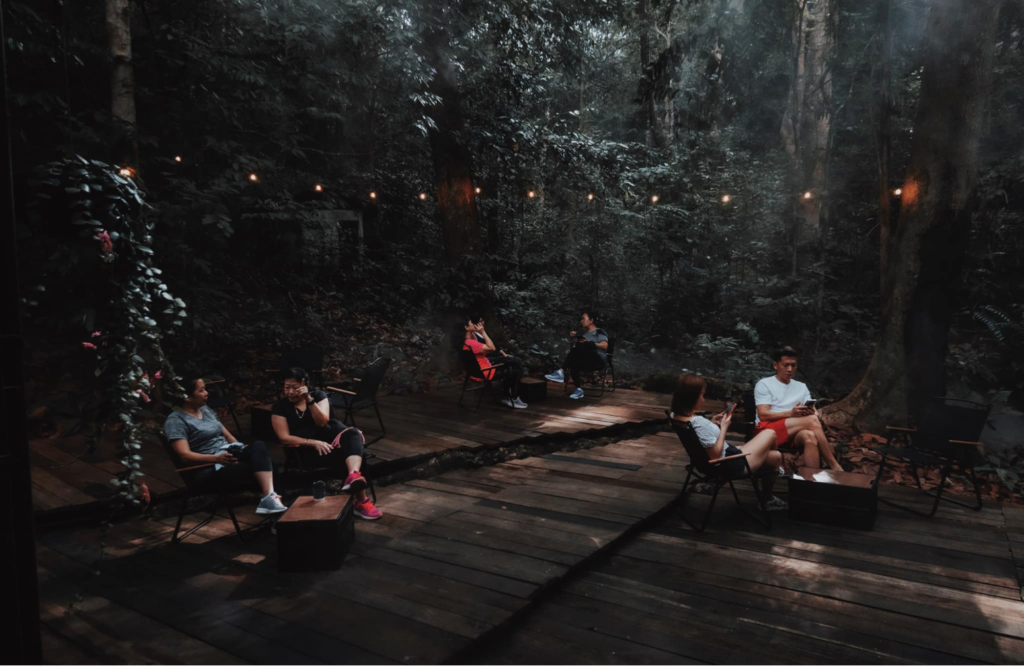 outdoor seating area surrounded by forest