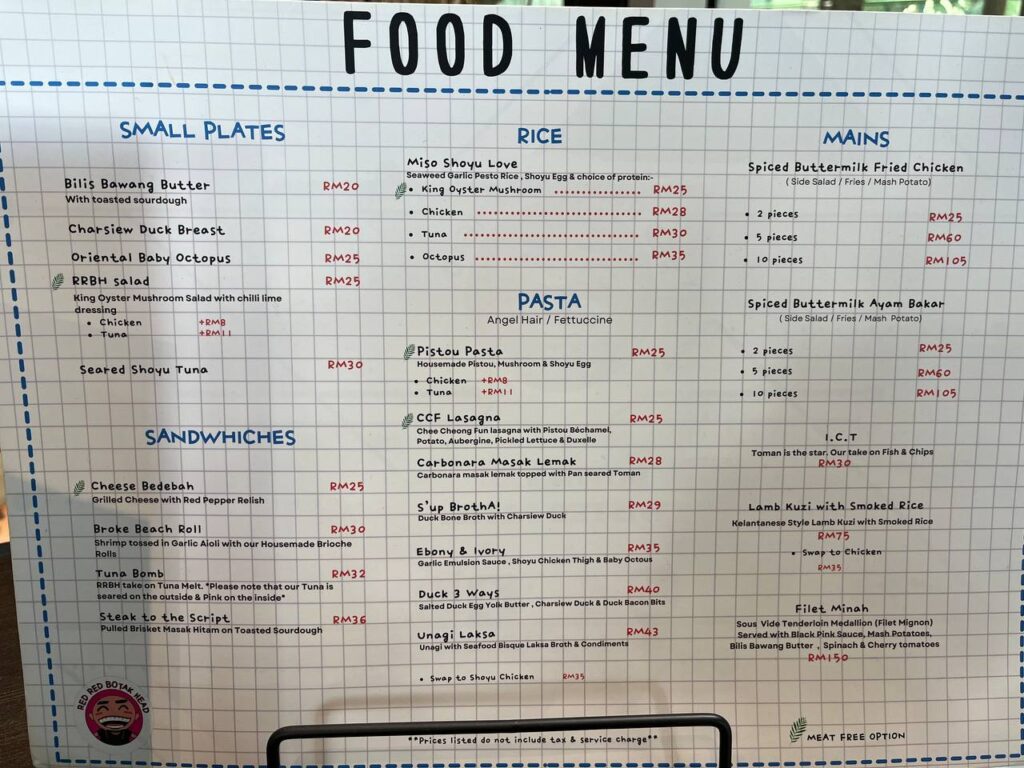 Food Menu for Red Red Botak Head Restaurant