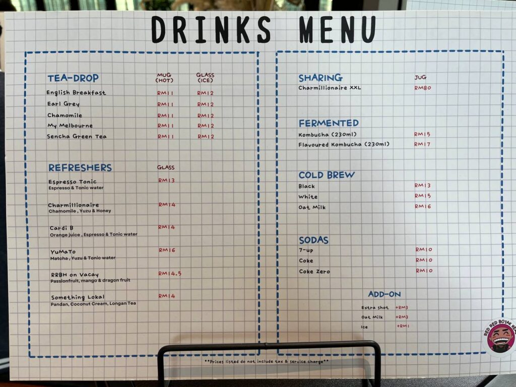 Drinks menu for Red Red Botak Head