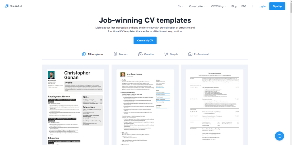 Resume,io helps you to create resume based on your details