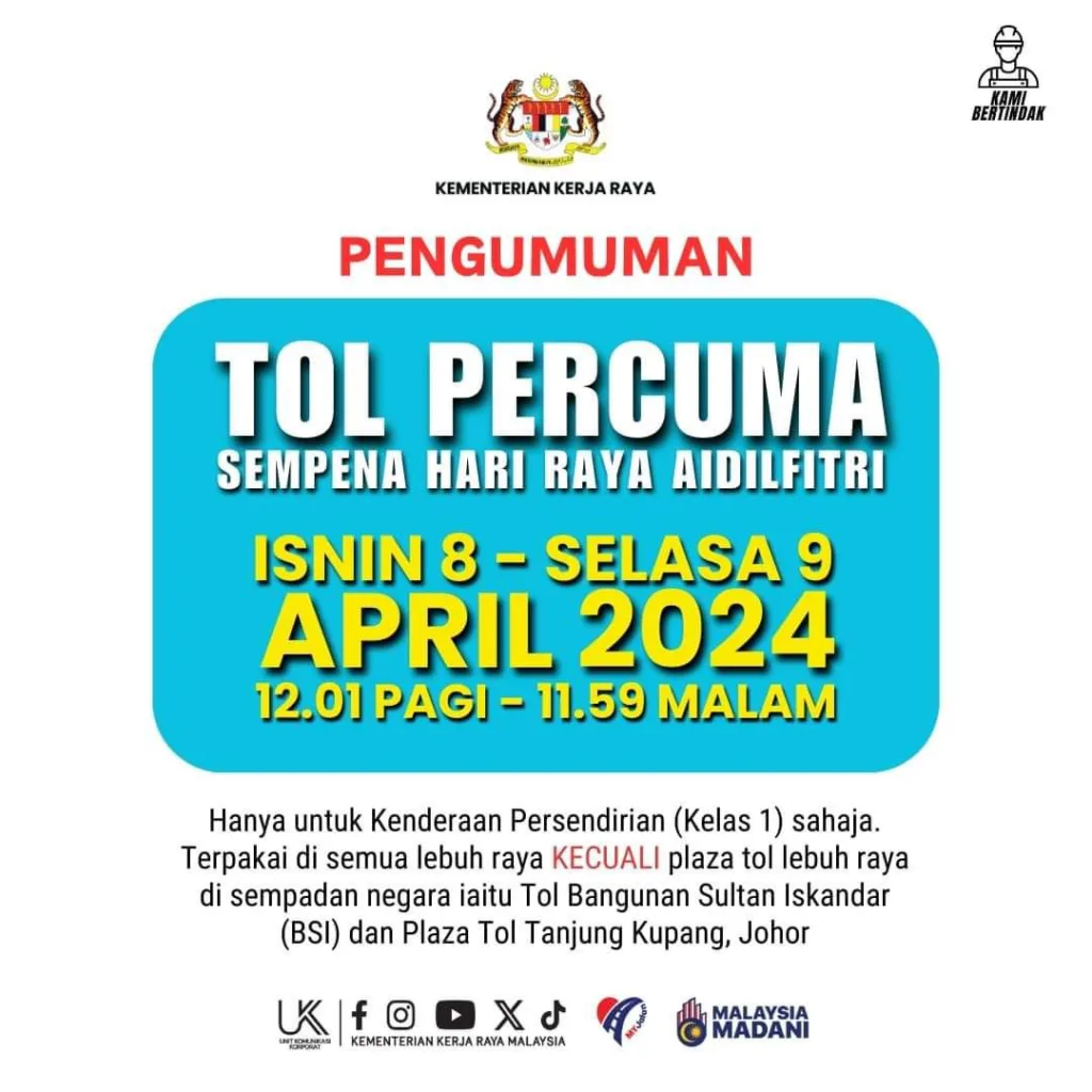 Free Toll For Class 1 Vehicles For 2 Days During Hari Raya