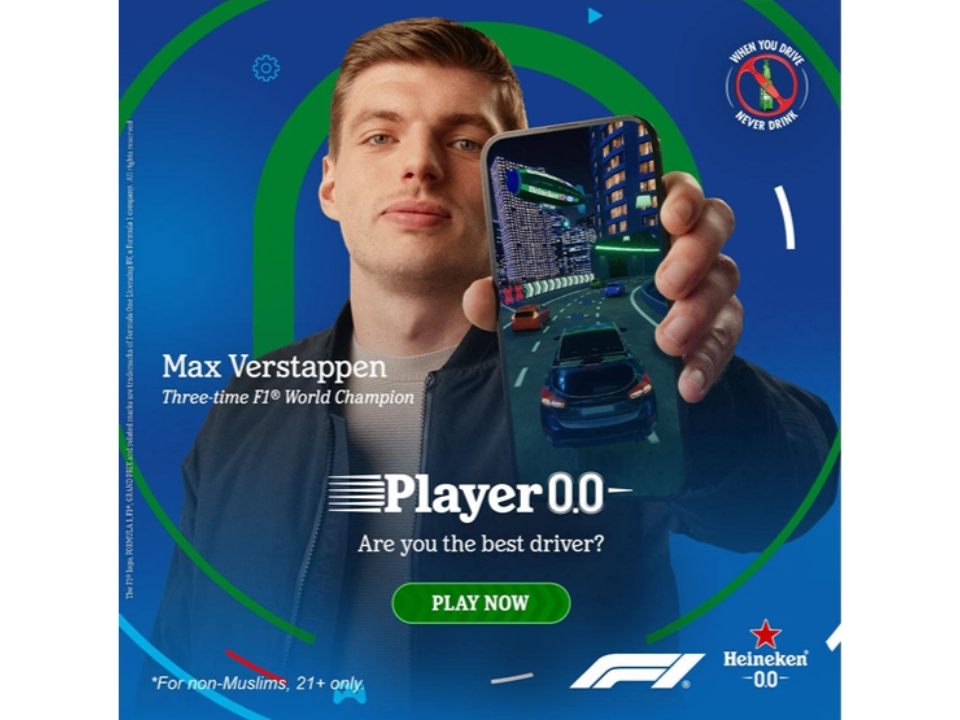 Heineken's 'When You Drive, Never Drink' poster features Max Verstappen and introduces Player 0.0, a mobile and sim racing competition promoting responsible driving and anti-drunk driving.