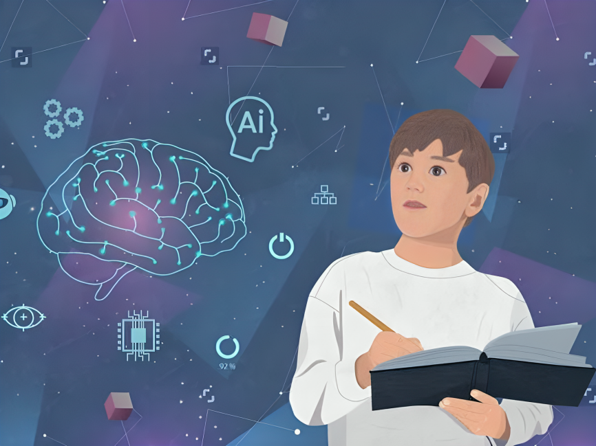 illustration of boy taking notes of ai skills 