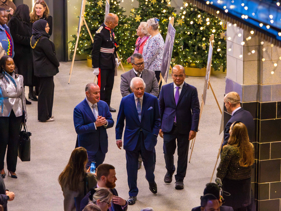 His Majesty King Charles III arriving into Battersea Power Station to visit the Curated Makers Christmas market.  (Credit:  Charlie Round-Turner)