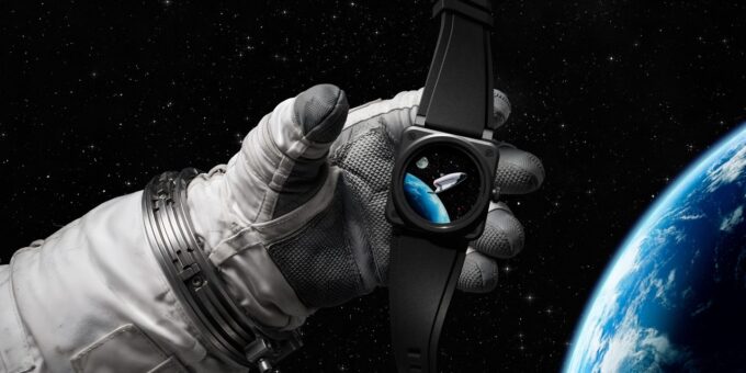 Astronaut glove holding the Bell & Ross BR-03 Space Mission watch in front of Earth