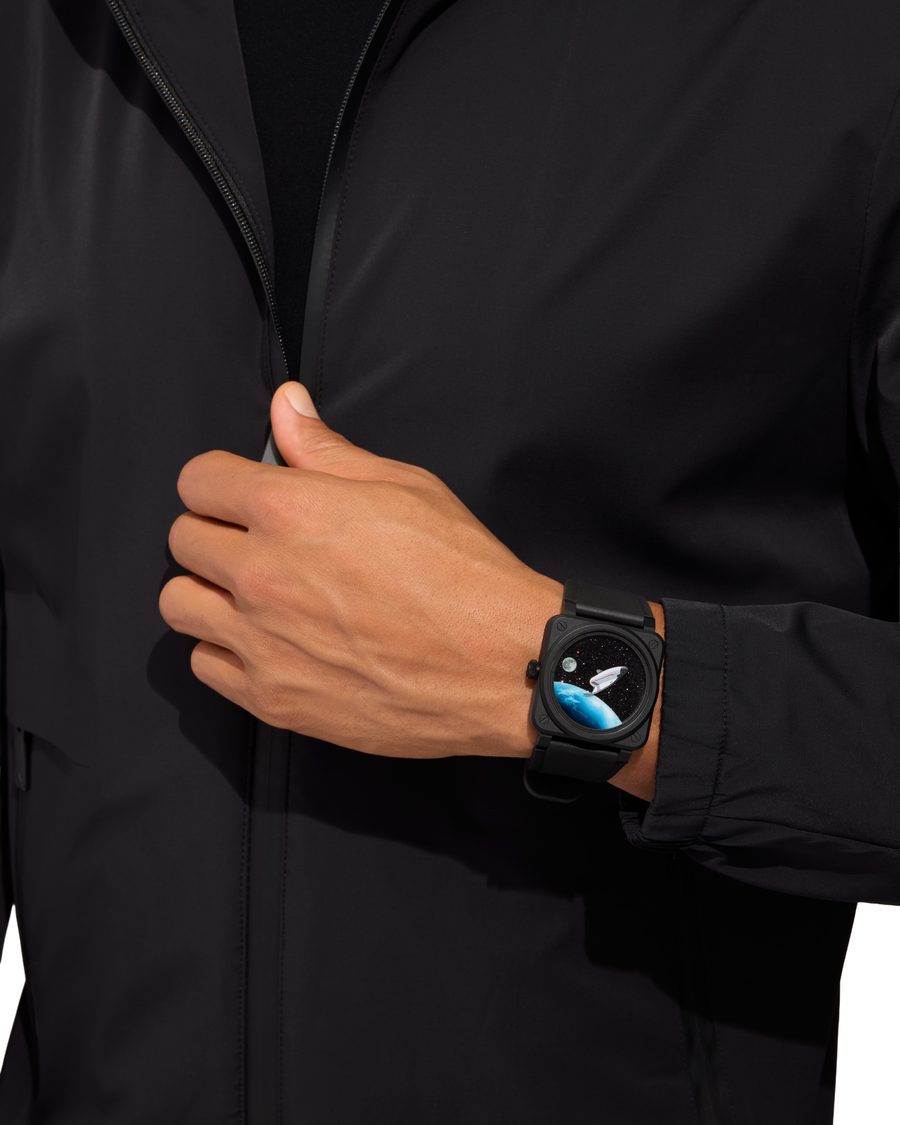BR-03 Space Mission limited edition watch styled with a black jacket