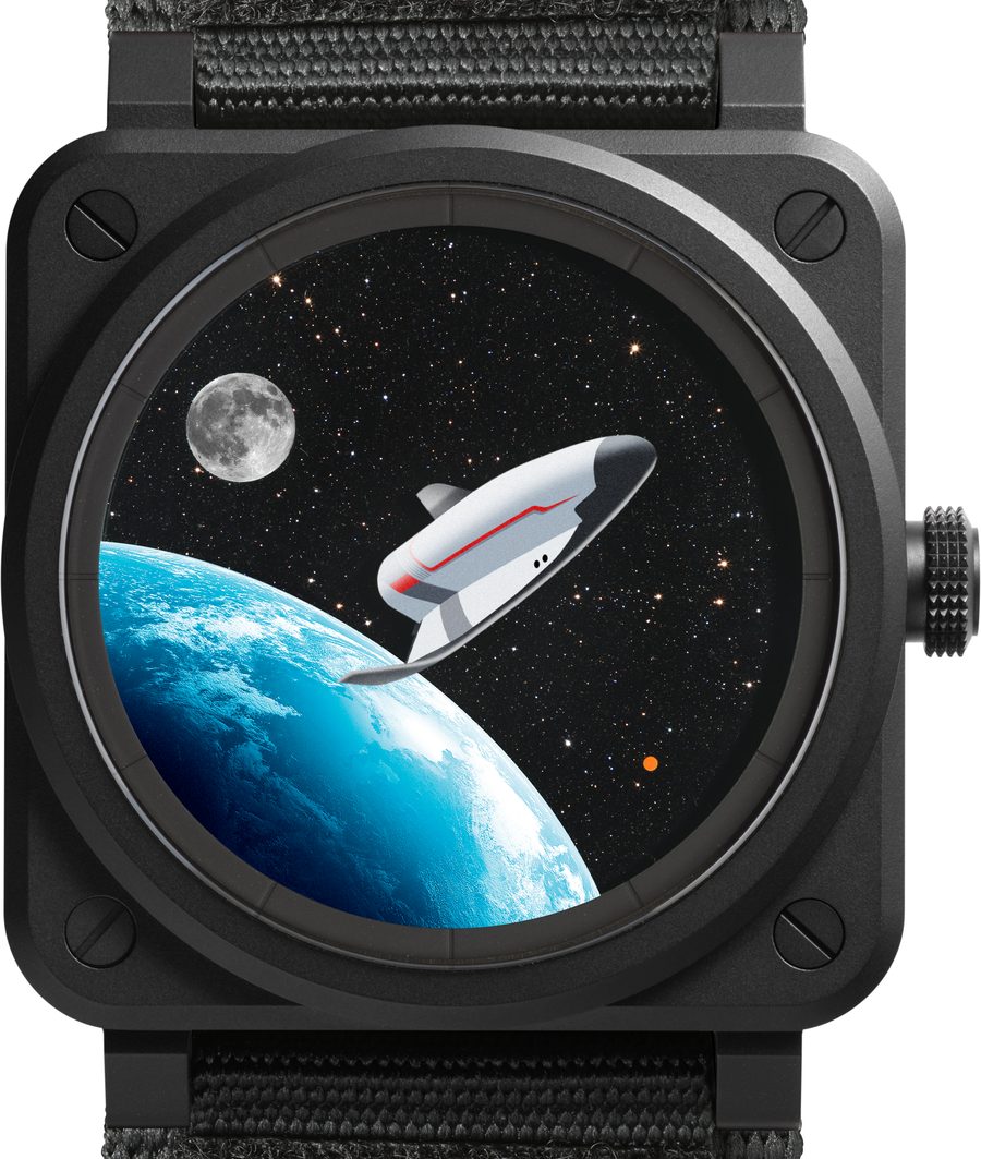 BR-03 Space Mission black aventurine dial with Earth, Moon, Mars and the Vortex spaceplane