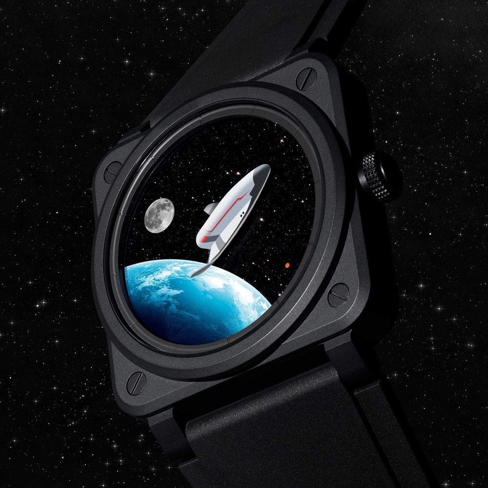 Close-up of the BR-03 Space Mission dial showing the Vortex spaceplane, Earth and Moon