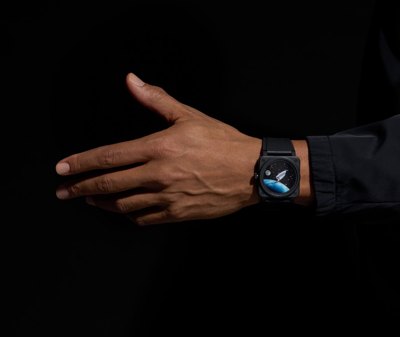 BR-03 Space Mission watch worn on the wrist against a black background