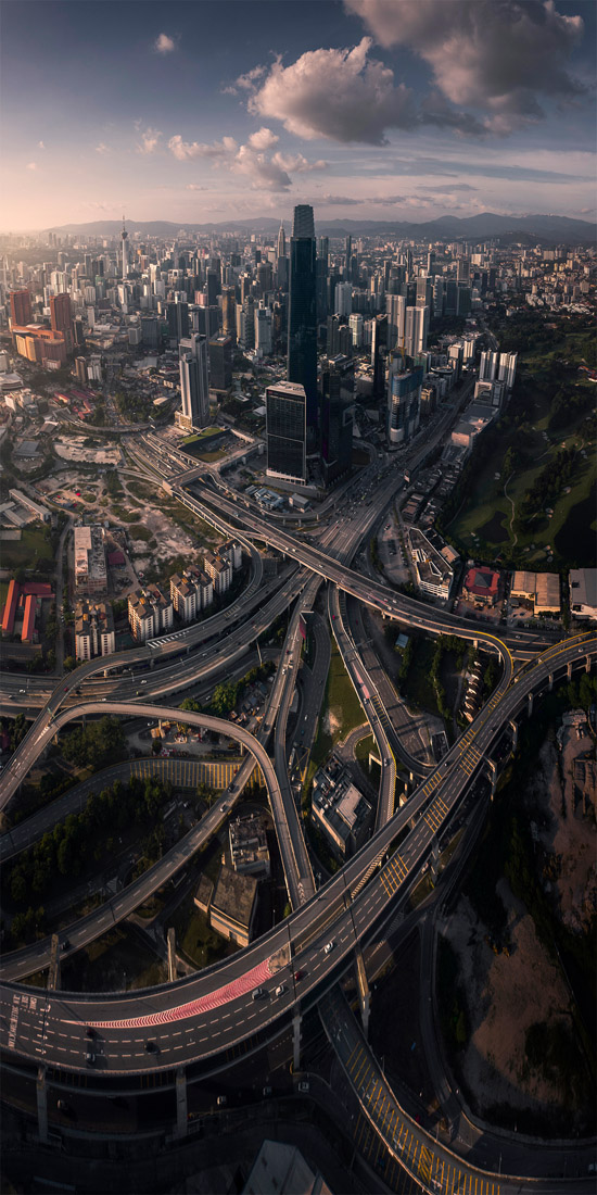Aerial panorama of Kuala Lumpur highway interchange, a Malaysian finalist at the Epson Pano Awards 2026