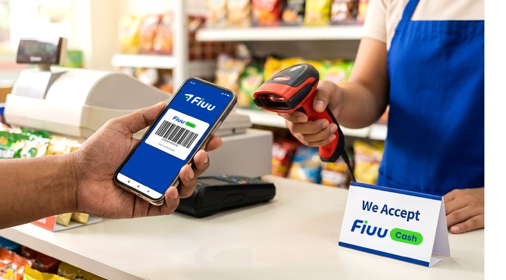 Cashier scanning a Fiuu Cash barcode on a smartphone at a retail checkout counter