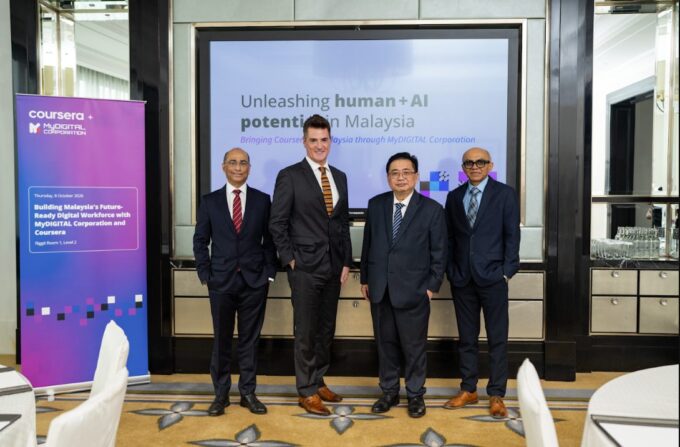 Free Coursera Courses Malaysia – MyDIGITAL Corporation, Ministry of Digital and Coursera leaders at the Rakyat Digital media briefing