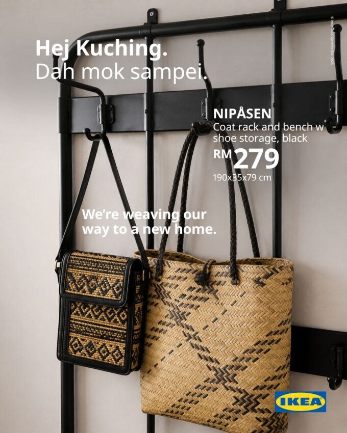 IKEA Kuching NIPÅSEN coat rack and bench in black with two woven bags hanging on its hooks, priced at RM279