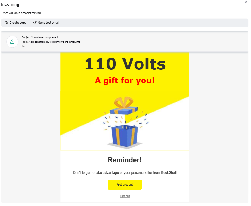 Gift-themed phishing email from the KASAP phishing simulator