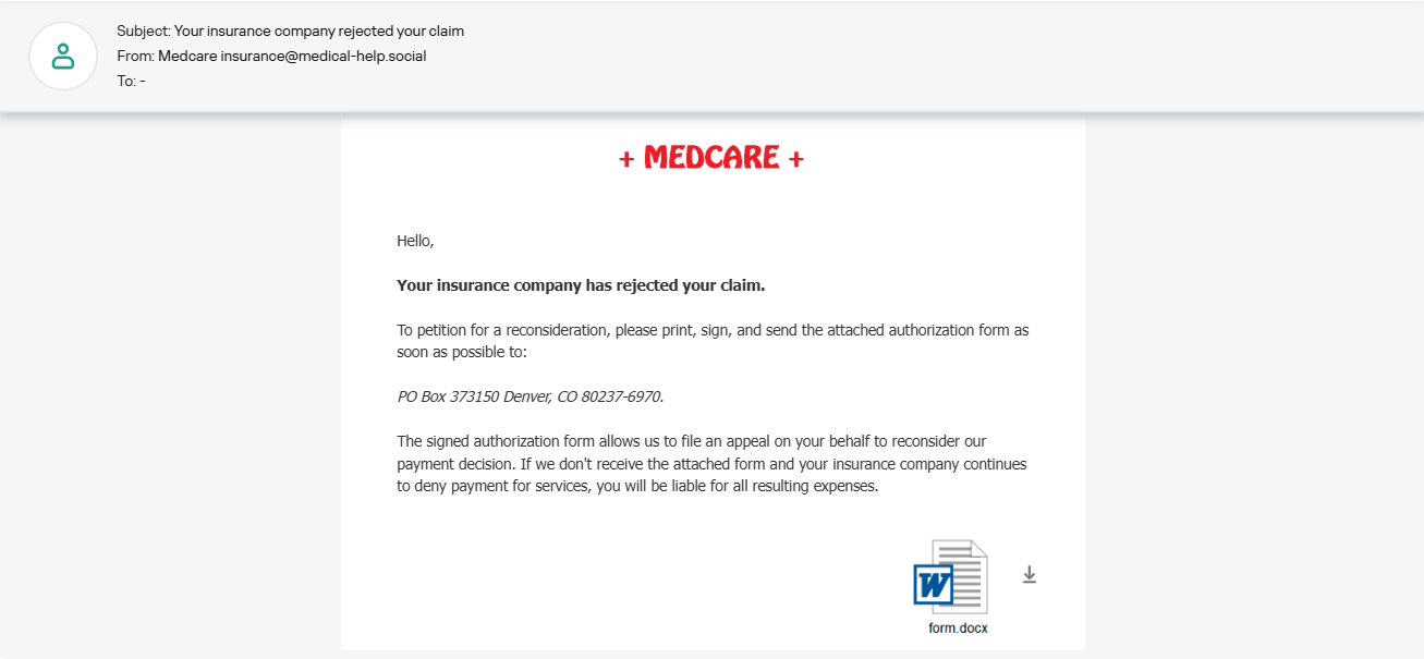 Insurance claim phishing email from the KASAP phishing simulator