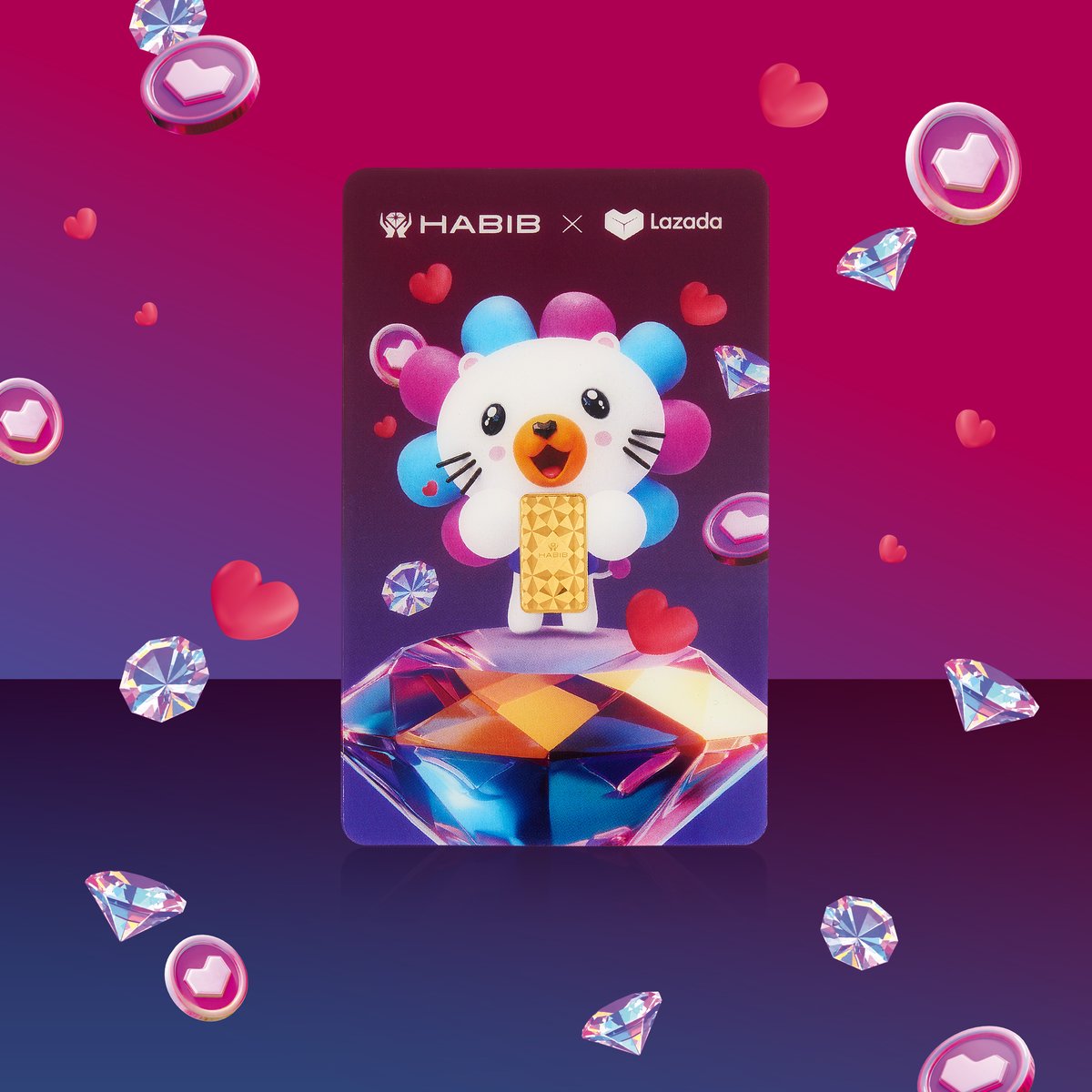 Lazada HABIB gold bar card design featuring Lazzie holding a 1g gold bar