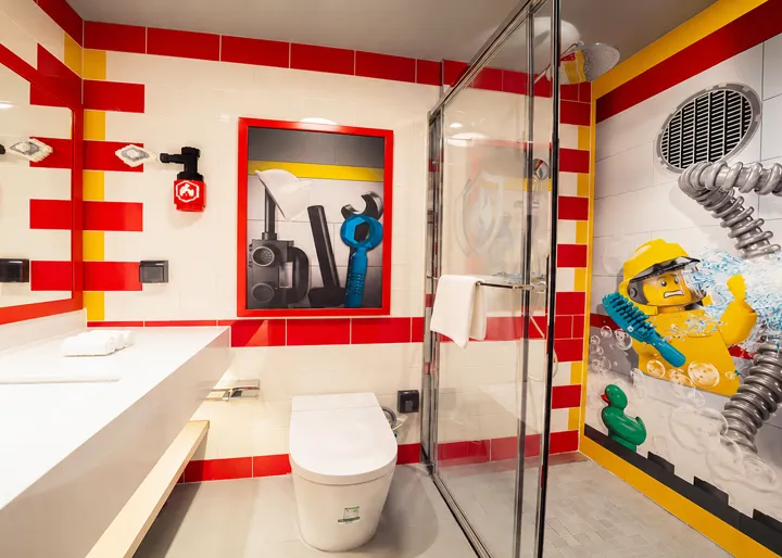LEGO CITY themed bathroom with firefighter mural at LEGOLAND Hotel Malaysia