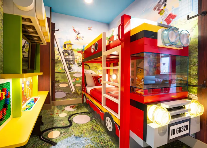 Fire truck bunk bed in LEGO CITY themed room for families in Johor