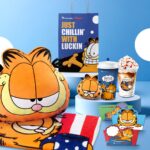Luckin Coffee Garfield collaboration merchandise including pillow blanket, plush pouch, cups and sleeves