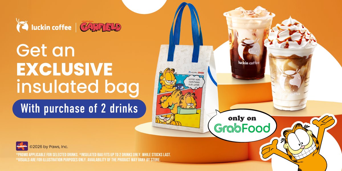 Luckin Coffee Garfield insulated bag with purchase of 2 drinks on GrabFood