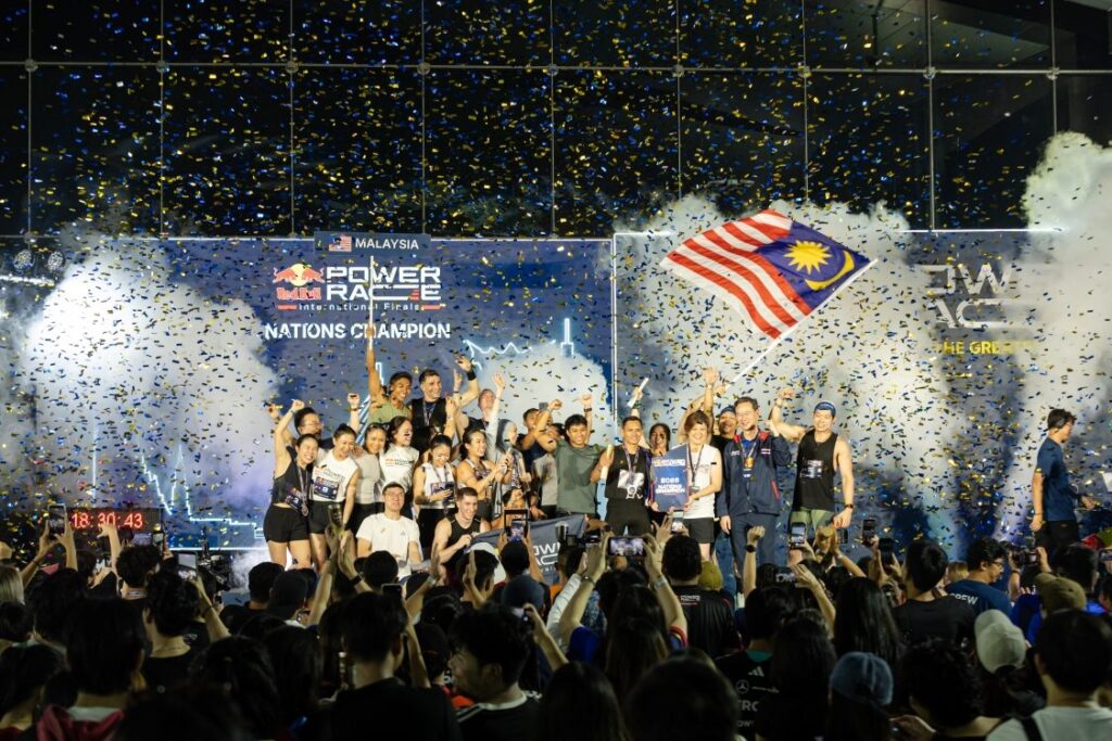 Malaysia celebrates the Red Bull Power Race Nations' Trophy win on stage in Bangkok