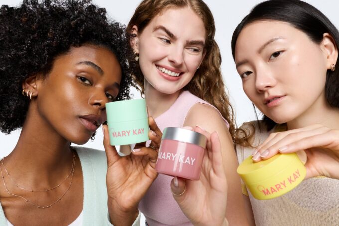 Mary Kay K-Beauty Texture Edit special-edition skincare trio held by three women
