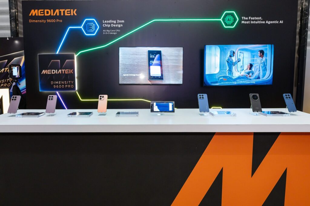 MediaTek Dimensity 9600 Pro showcase booth with partner smartphones