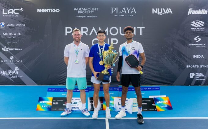 Paramount Cup 2026 Men's Singles Open podium at PLAYA Racquet Club, PARC Subang