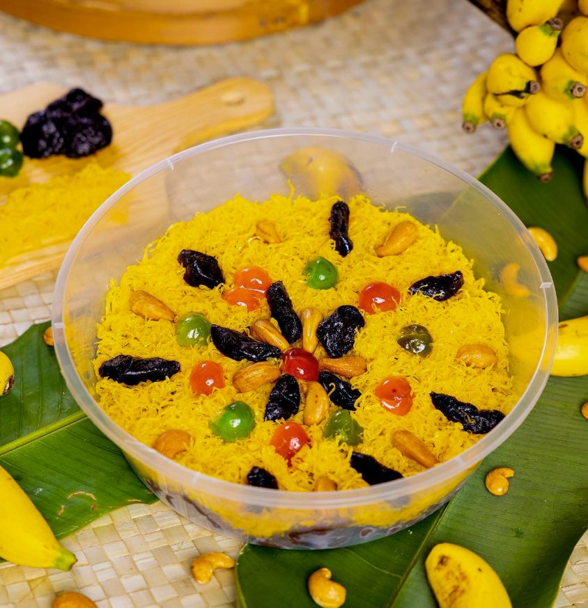 Puding Diraja royal dessert from Pekan, Pahang with prunes, cherries and cashew nuts