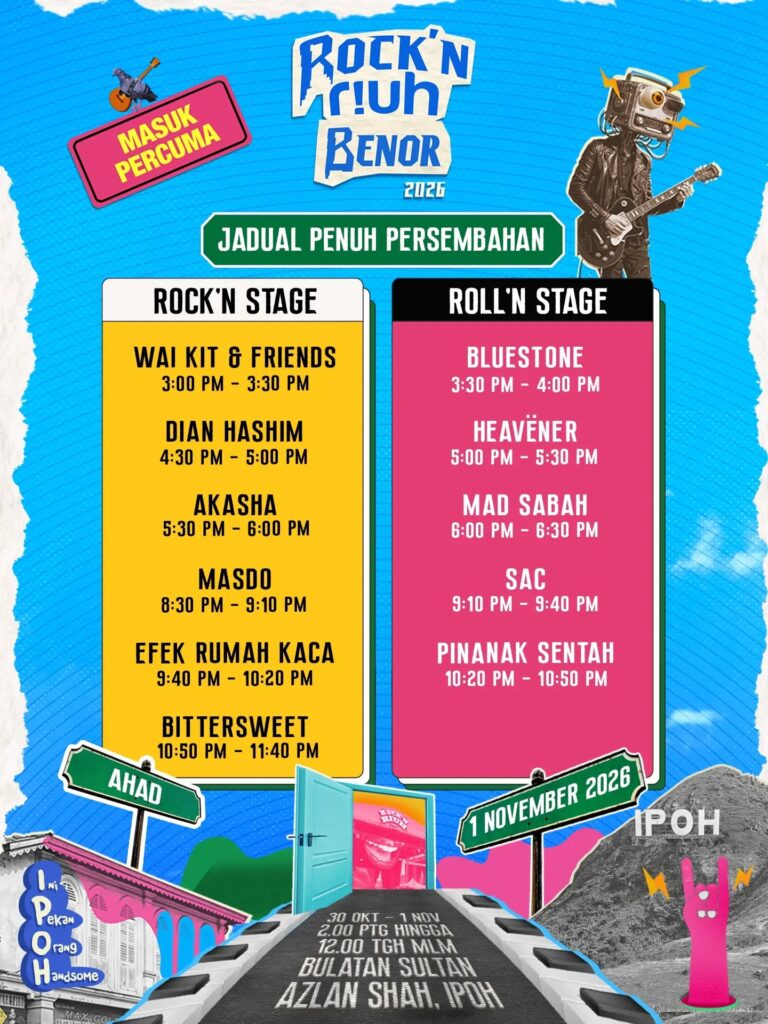 Rock'N Riuh Benor 2026 Sunday 1 November stage schedule featuring Masdo, Efek Rumah Kaca and Bittersweet