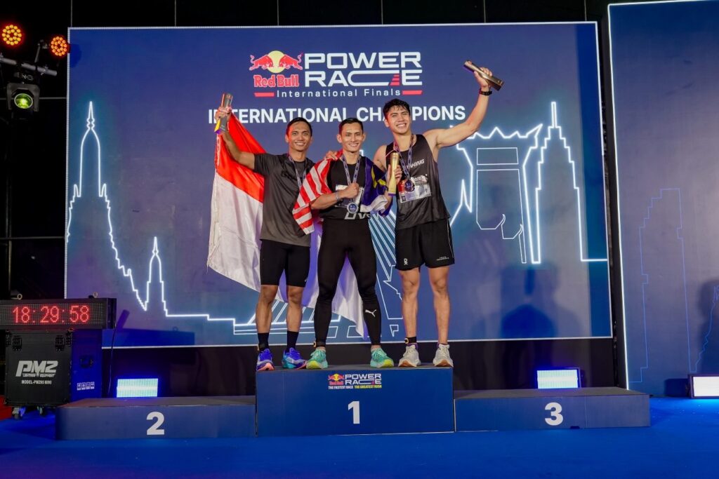 Saddam Pittli of Malaysia tops the Red Bull Power Race men's podium with Indonesia's Damar Prasetyo and Ghian Herdiyana