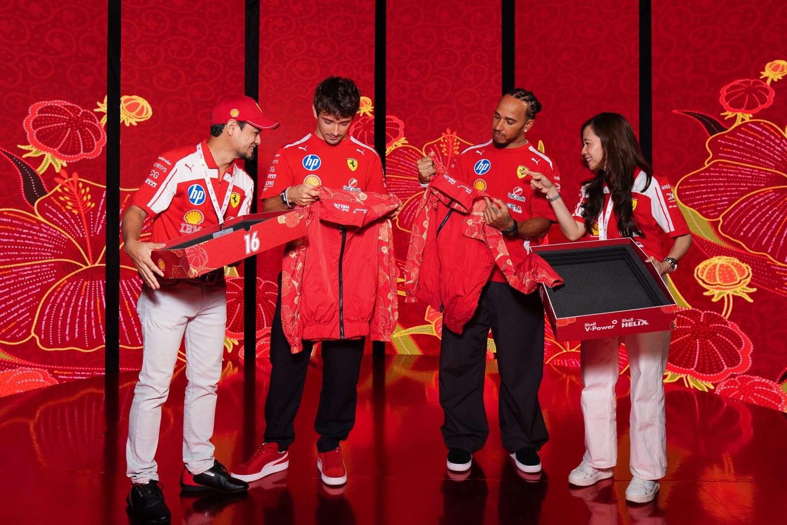 Shell V-Power batik-inspired jackets presented to Lewis Hamilton and Charles Leclerc