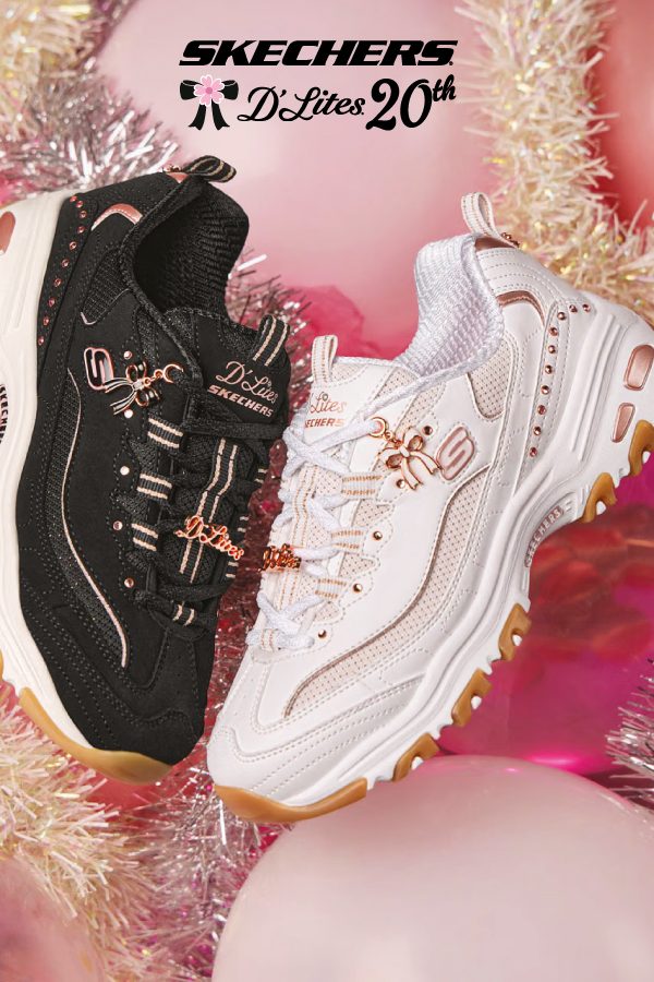 Skechers D'Lites 20th Anniversary collection in black and white rose gold